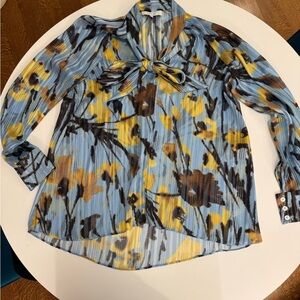 Pearl by Lela Rose Metallic Floral Tie Neck Blouse